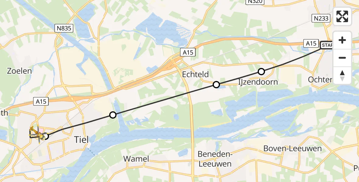 Vluchtroute Traumahelikopter van Ochten naar Rivierenland Hospital Heliport
