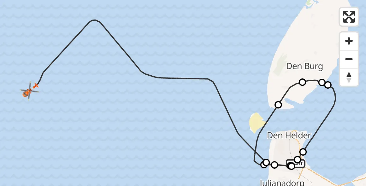 Vluchtroute Kustwachthelikopter van Militair vliegveld De Kooy / Den Helder Airport naar Noordzee