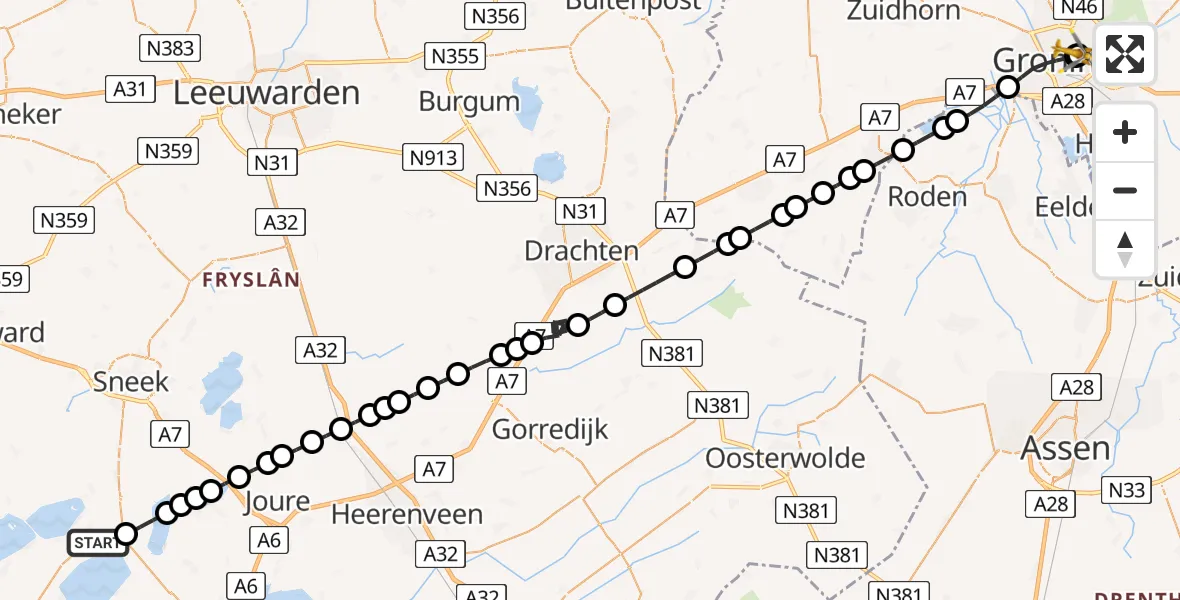 Vluchtroute Traumahelikopter van Woudsend naar Universitair Medisch Centrum Groningen