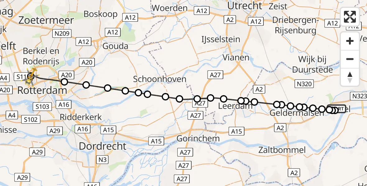 Vluchtroute Traumahelikopter van Rivierenland Hospital Heliport naar Rotterdam The Hague Airport