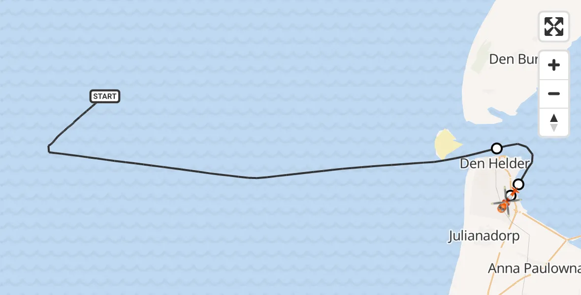 Vluchtroute Kustwachthelikopter van Noordzee naar Militair vliegveld De Kooy / Den Helder Airport
