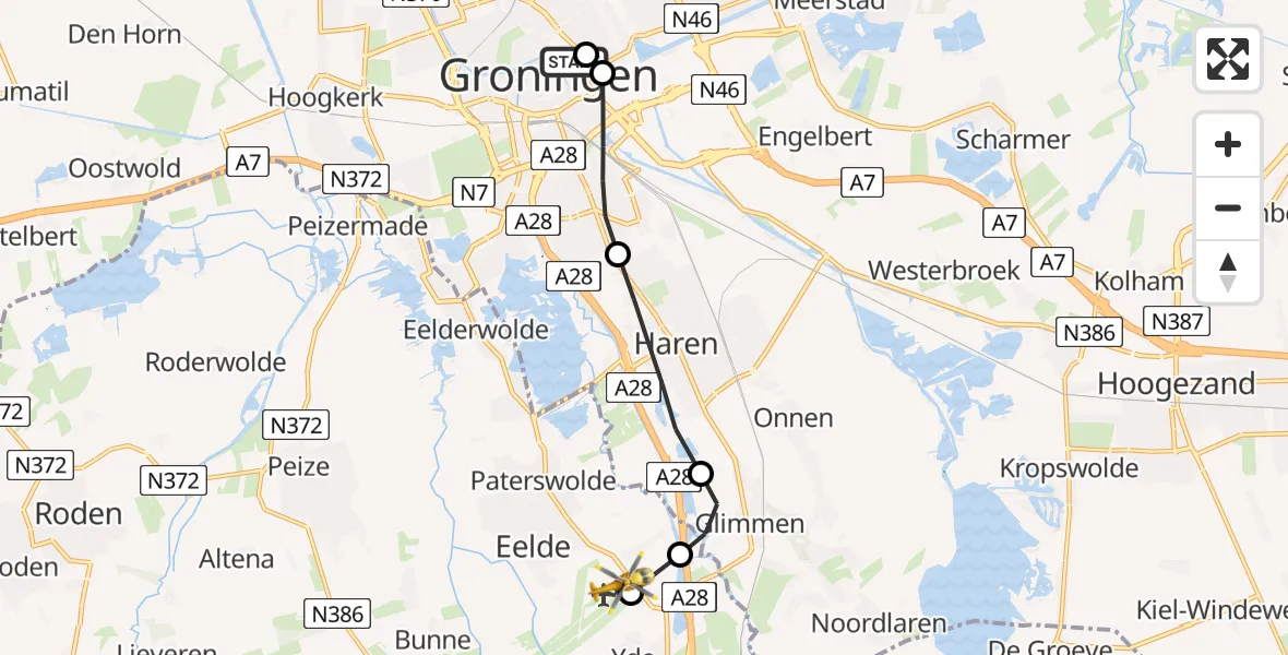 Vluchtroute Traumahelikopter van Universitair Medisch Centrum Groningen naar Groningen Airport Eelde