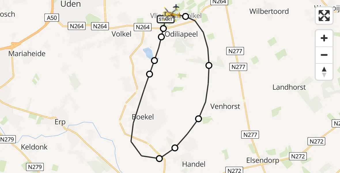 Vluchtroute Traumahelikopter van Vliegbasis Volkel naar Vliegbasis Volkel