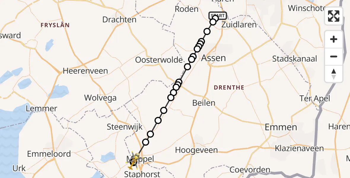 Vluchtroute Traumahelikopter van Groningen Airport Eelde naar Staphorst