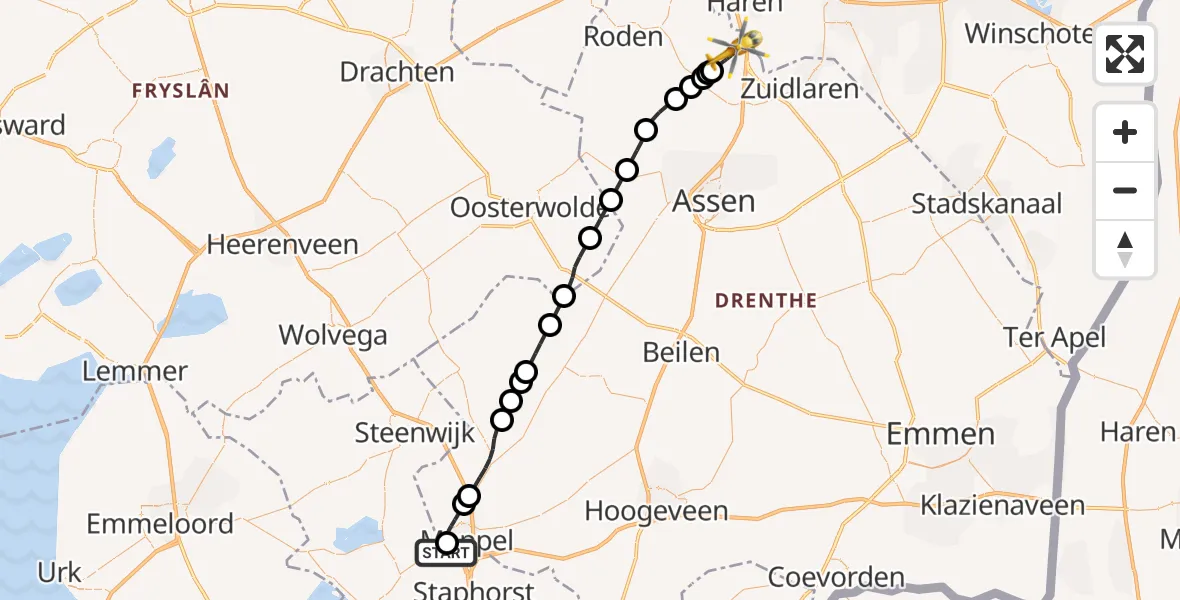 Vluchtroute Traumahelikopter van Staphorst naar Groningen Airport Eelde