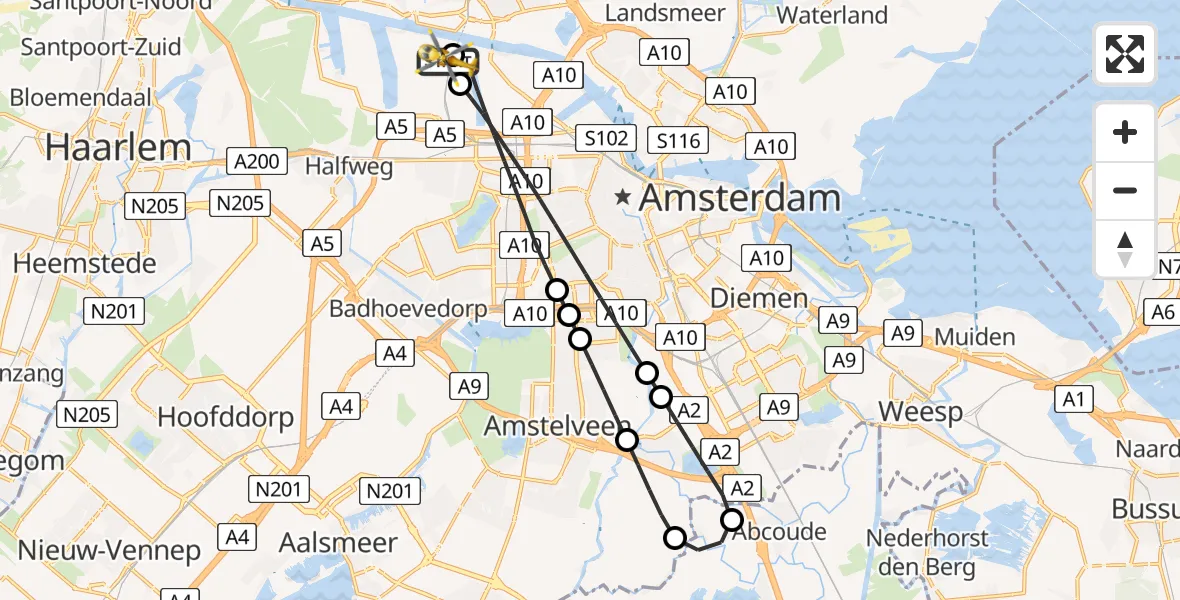 Vluchtroute Traumahelikopter van Amsterdam Heliport naar Amsterdam Heliport