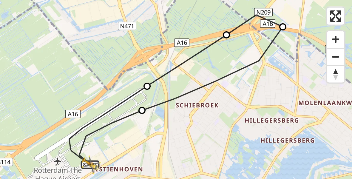 Vluchtroute Traumahelikopter van Rotterdam The Hague Airport naar Rotterdam The Hague Airport