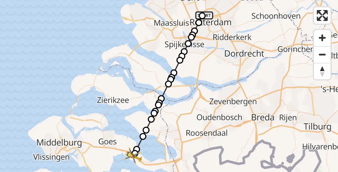 Vluchtroute Traumahelikopter van Rotterdam The Hague Airport naar Kruiningen