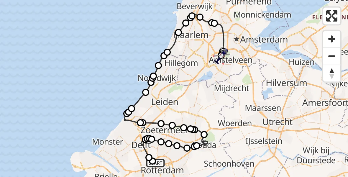 Vluchtroute Politiehelikopter van Rotterdam The Hague Airport naar Amsterdam Vliegveld Schiphol