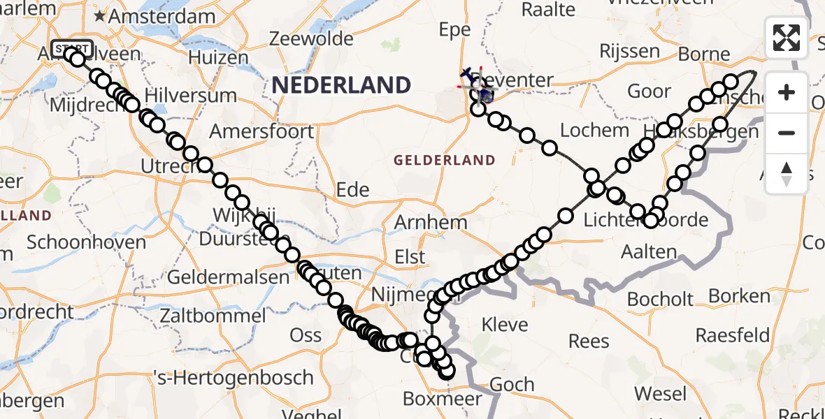 Vluchtroute Politiehelikopter van Amsterdam Vliegveld Schiphol naar Vliegveld Teuge