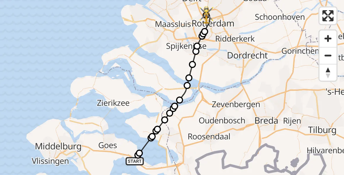 Vluchtroute Traumahelikopter van Kruiningen naar Rotterdam The Hague Airport