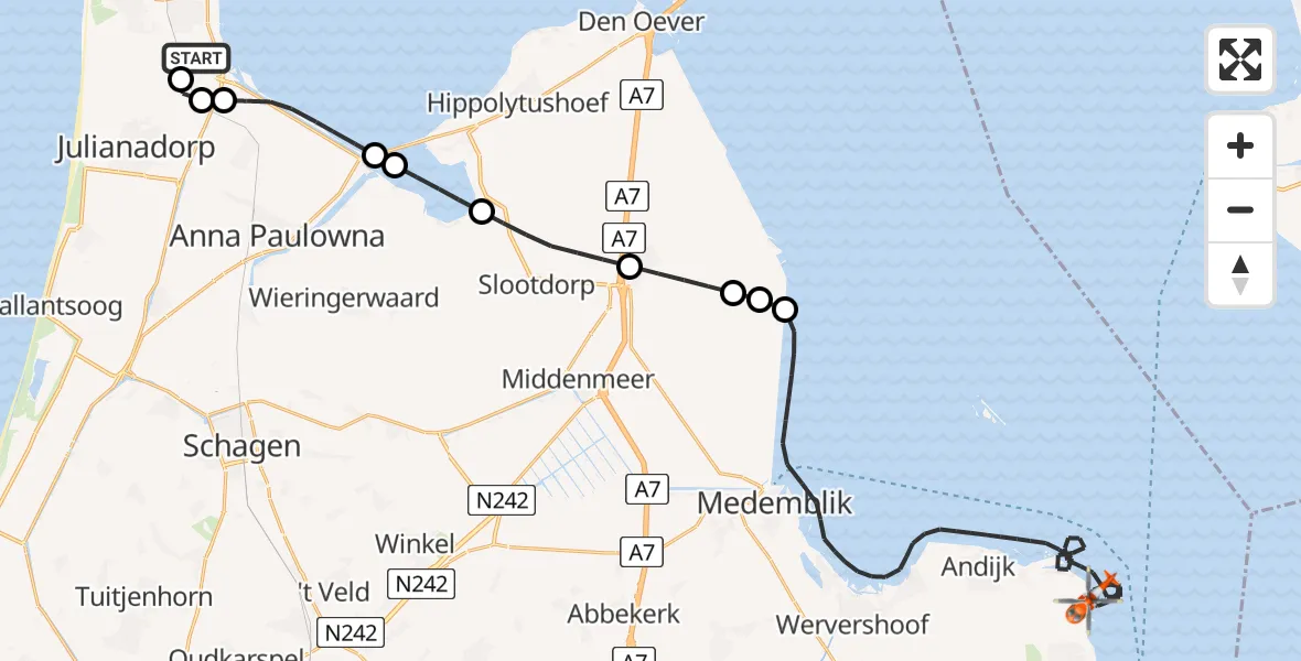 Vluchtroute Kustwachthelikopter van Militair vliegveld De Kooy / Den Helder Airport naar IJsselmeer
