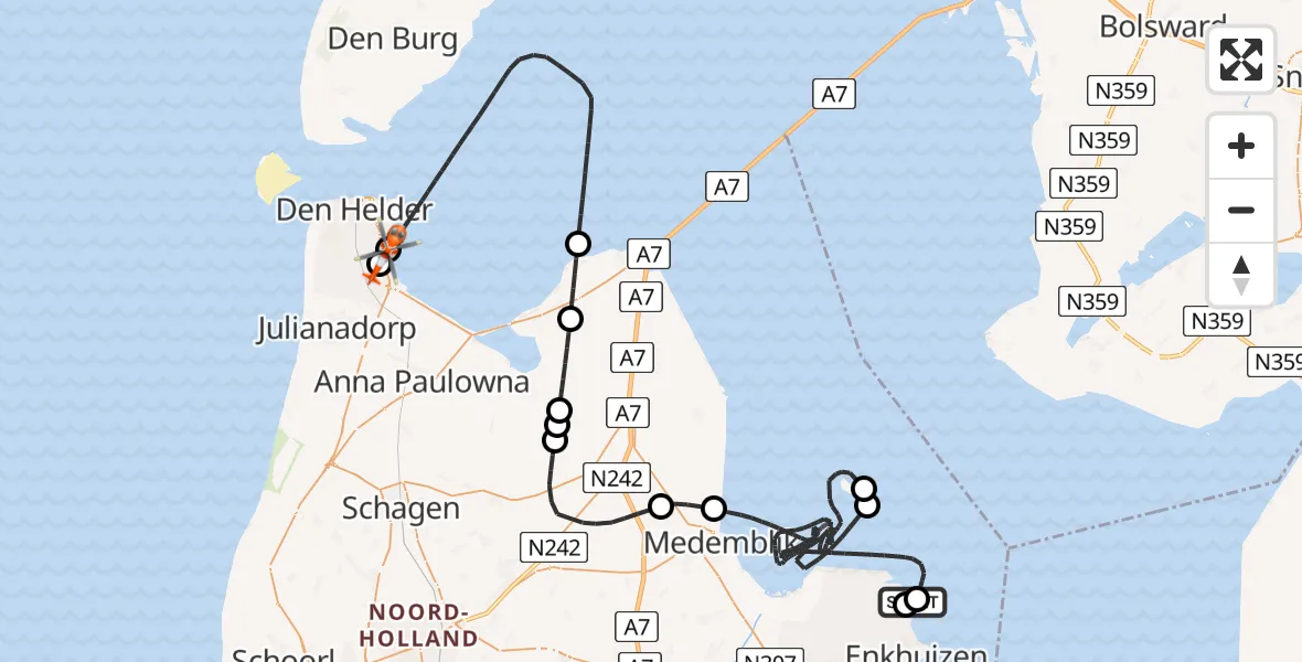 Vluchtroute Kustwachthelikopter van IJsselmeer naar Den Helder