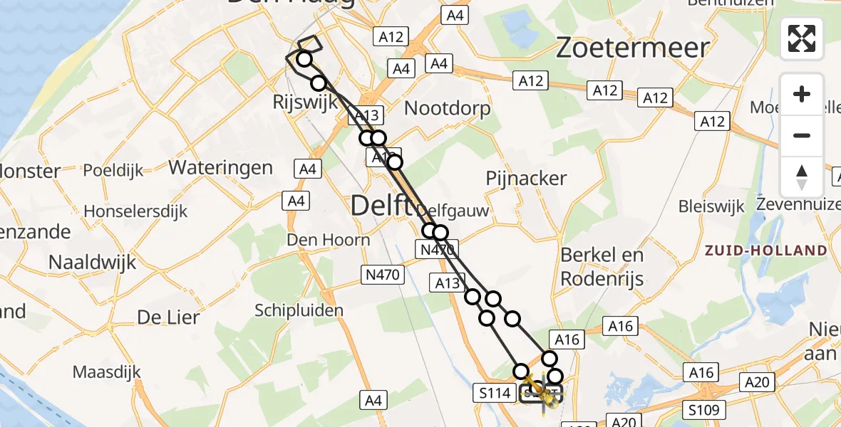 Vluchtroute Traumahelikopter van Rotterdam The Hague Airport naar Rotterdam The Hague Airport