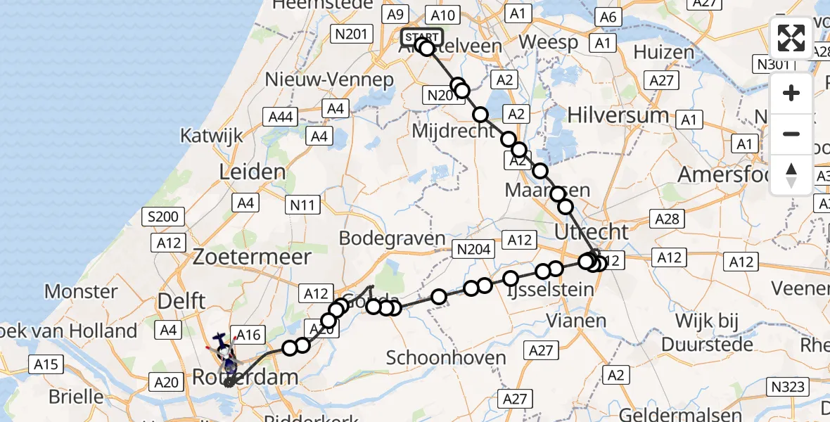 Vluchtroute Politiehelikopter van Amsterdam Vliegveld Schiphol naar Rotterdam The Hague Airport