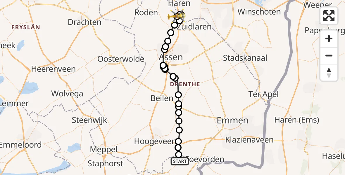 Vluchtroute Traumahelikopter van De Krim naar Groningen Airport Eelde