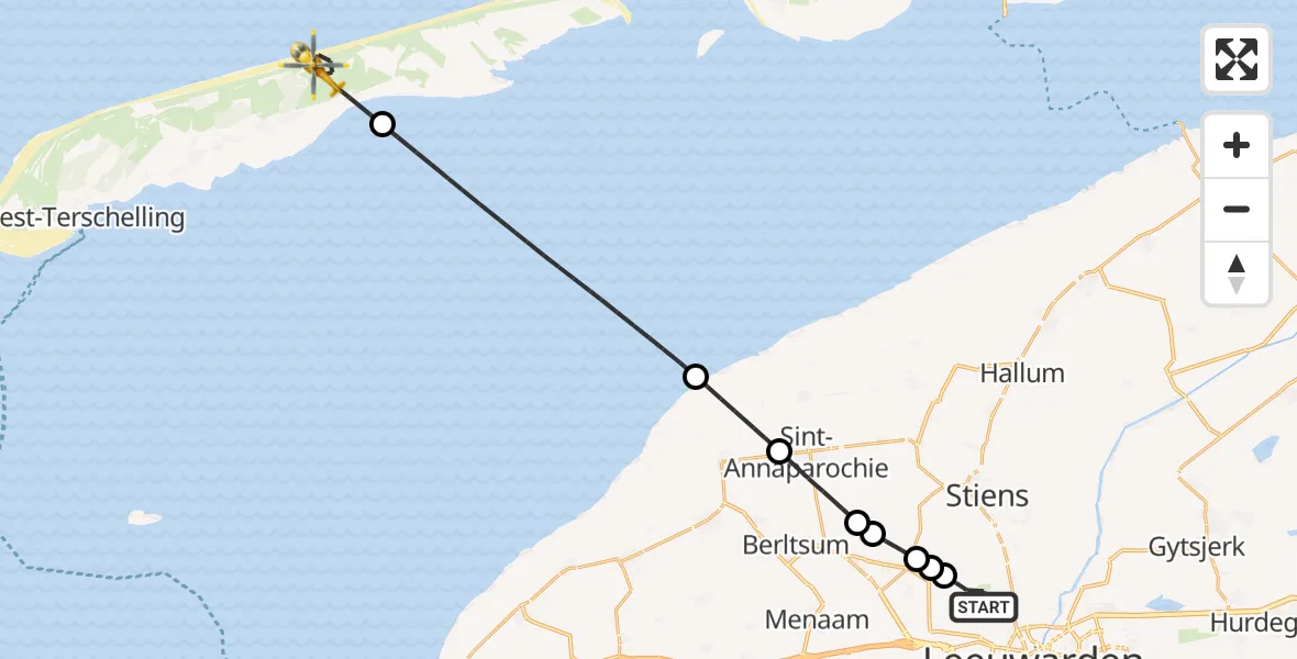Vluchtroute Ambulancehelikopter van Vliegbasis Leeuwarden naar Oosterend