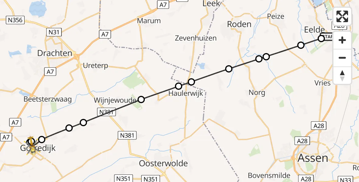 Vluchtroute Traumahelikopter van Groningen Airport Eelde naar Gorredijk