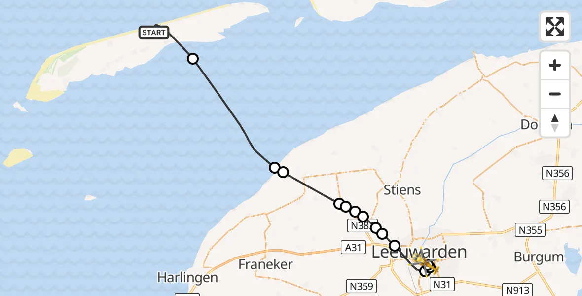 Vluchtroute Ambulancehelikopter van Oosterend naar Leeuwarden Medical Center Heliport