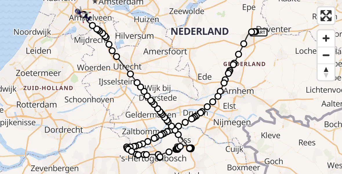 Vluchtroute Politiehelikopter van Vliegveld Teuge naar Amsterdam Vliegveld Schiphol