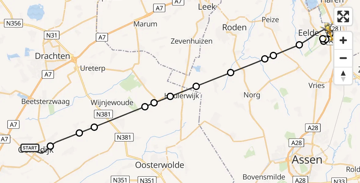 Vluchtroute Traumahelikopter van Gorredijk naar Eelde