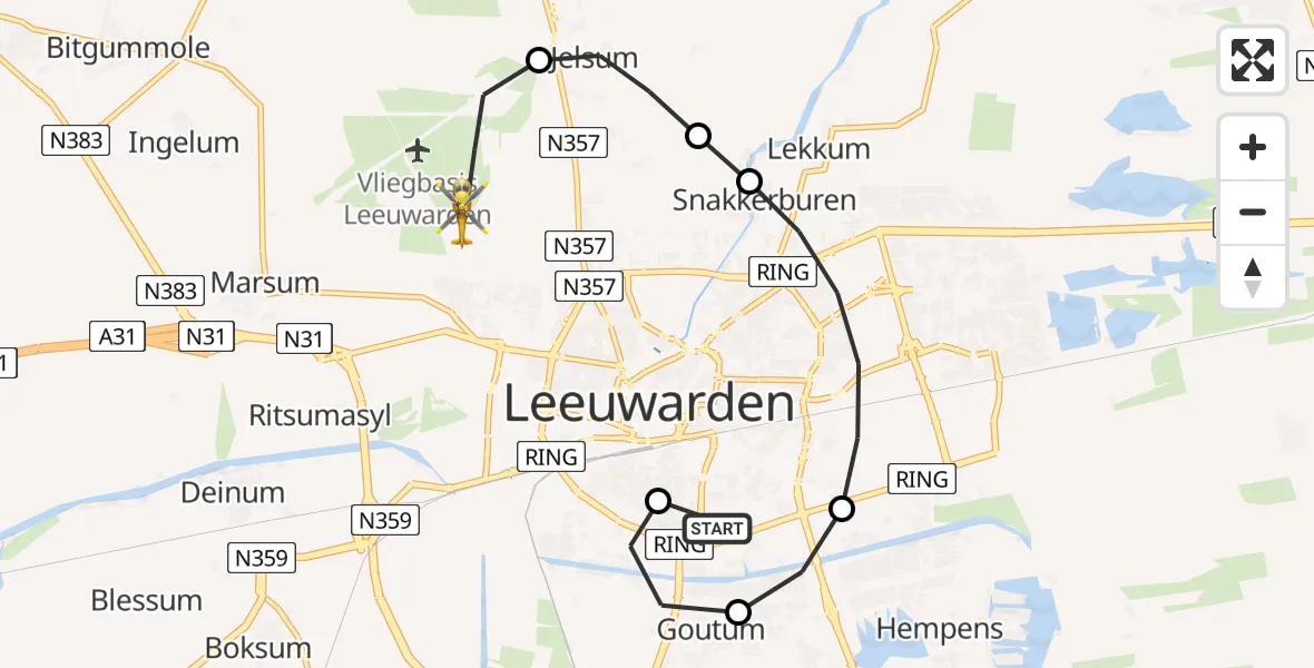 Vluchtroute Ambulancehelikopter van Leeuwarden Medical Center Heliport naar Vliegbasis Leeuwarden
