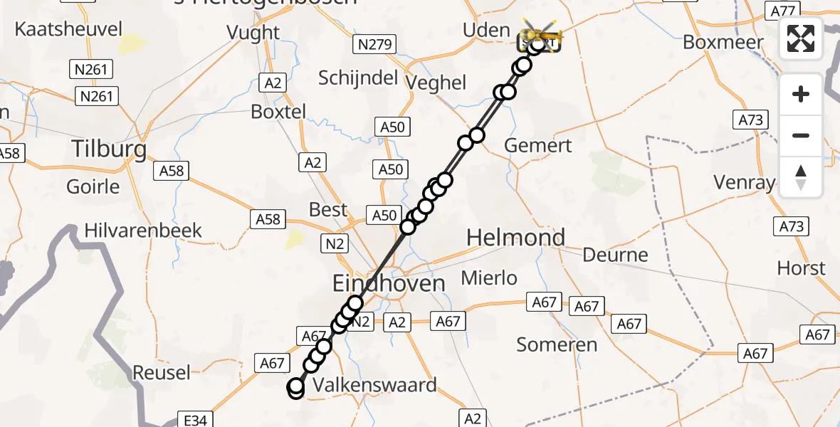 Vluchtroute Traumahelikopter van Vliegbasis Volkel naar Vliegbasis Volkel