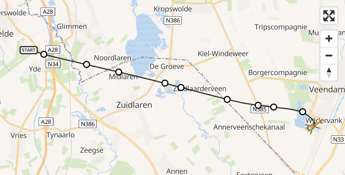Vluchtroute Traumahelikopter van Groningen Airport Eelde naar Wildervank