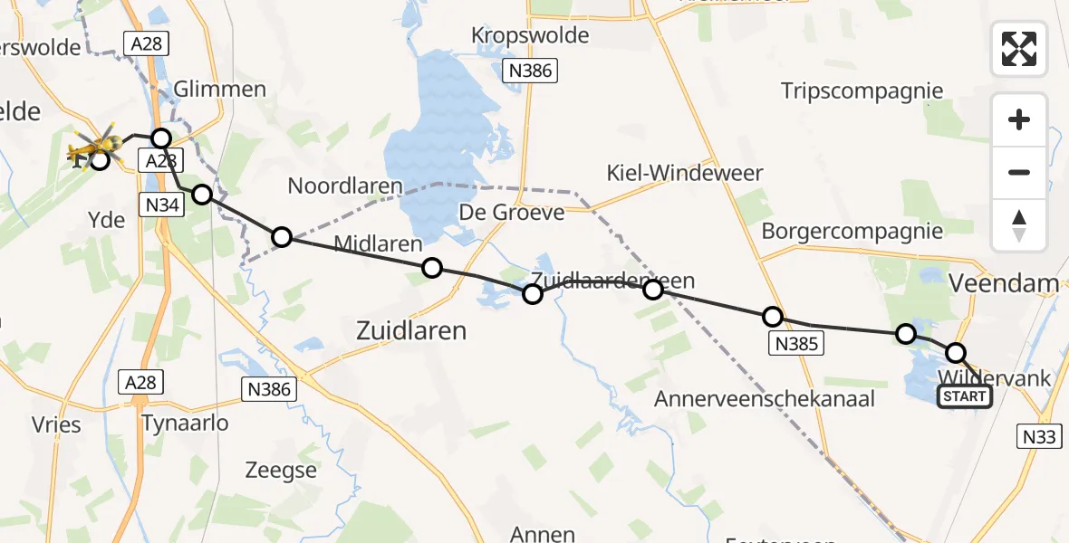 Vluchtroute Traumahelikopter van Wildervank naar Groningen Airport Eelde