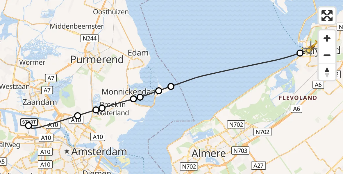 Vluchtroute Traumahelikopter van Amsterdam Heliport naar Lelystad