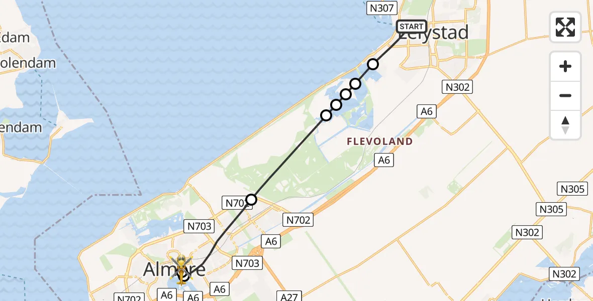 Vluchtroute Traumahelikopter van Lelystad naar Almere