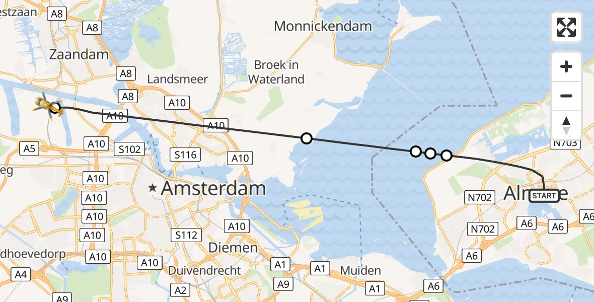 Vluchtroute Traumahelikopter van Almere naar Amsterdam Heliport