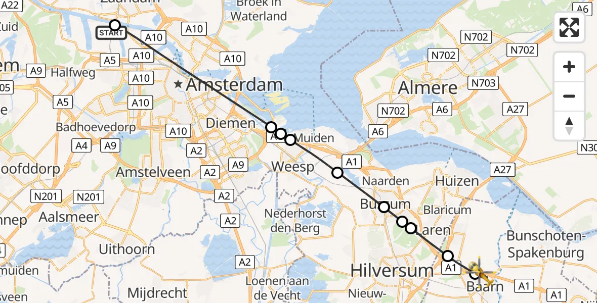 Vluchtroute Traumahelikopter van Amsterdam Heliport naar Baarn