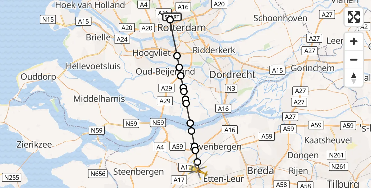Vluchtroute Traumahelikopter van Rotterdam The Hague Airport naar Oudenbosch