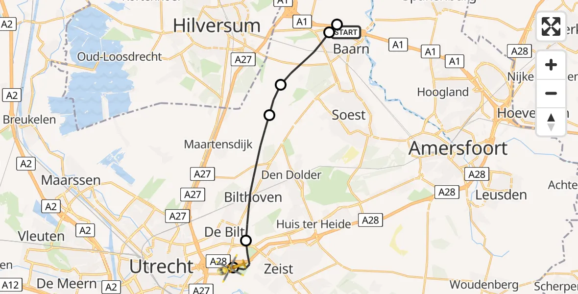 Vluchtroute Traumahelikopter van Baarn naar University Medical Center Utrecht Heliport