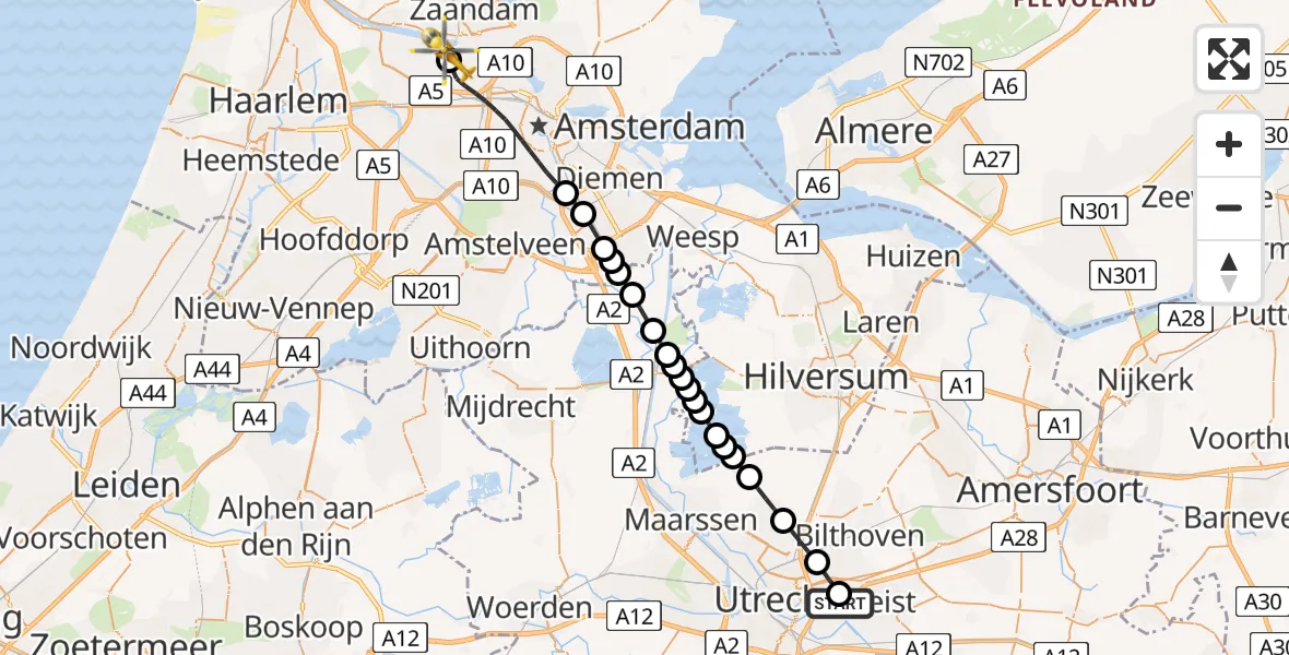 Vluchtroute Traumahelikopter van University Medical Center Utrecht Heliport naar Amsterdam Heliport
