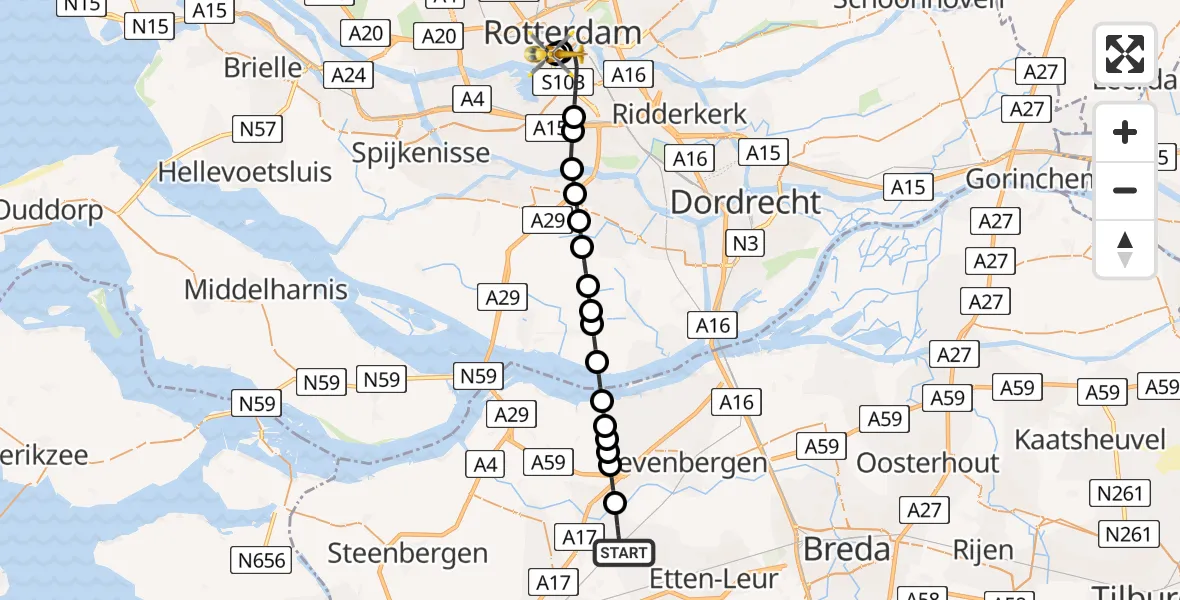Vluchtroute Traumahelikopter van Oudenbosch naar Leids Universitair Medisch Centrum (LUMC)