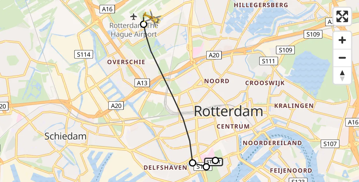 Vluchtroute Traumahelikopter van Leids Universitair Medisch Centrum (LUMC) naar Rotterdam The Hague Airport