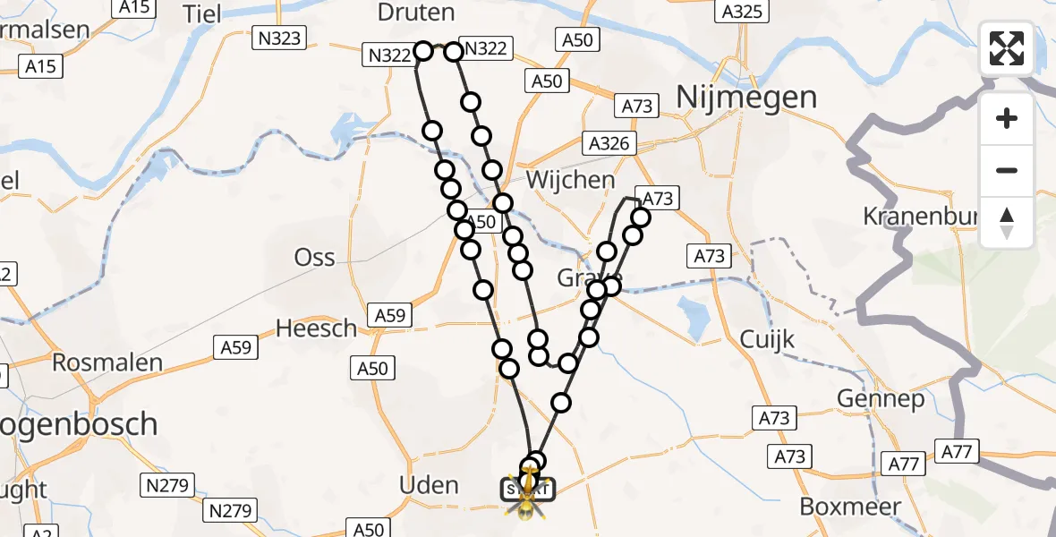 Vluchtroute Traumahelikopter van Vliegbasis Volkel naar Vliegbasis Volkel