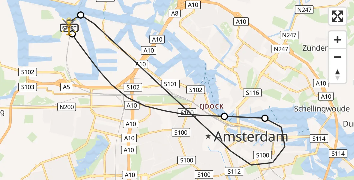 Vluchtroute Traumahelikopter van Amsterdam Heliport naar Amsterdam Heliport