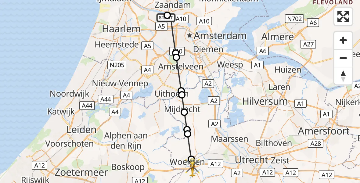 Vluchtroute Traumahelikopter van Amsterdam Heliport naar Woerden