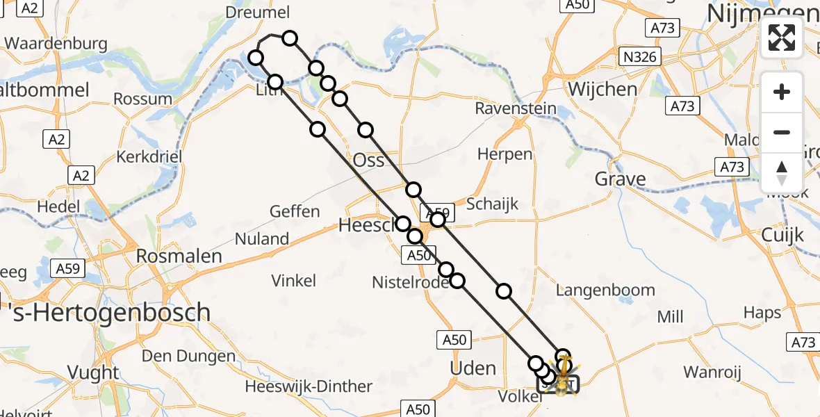 Vluchtroute Traumahelikopter van Vliegbasis Volkel naar Vliegbasis Volkel