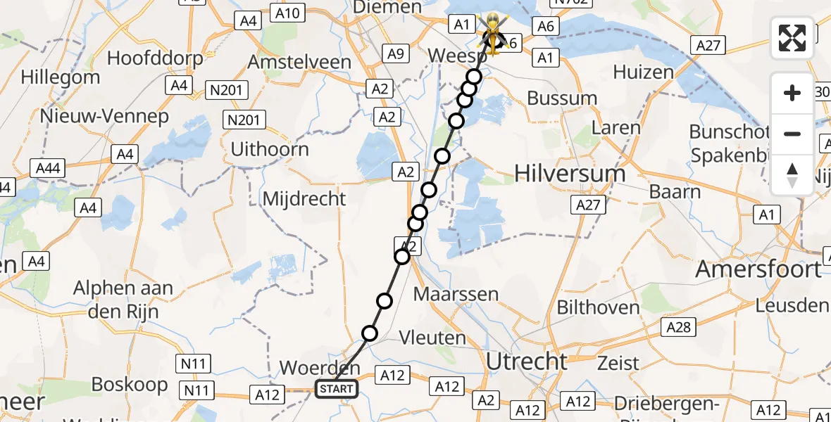 Vluchtroute Traumahelikopter van Woerden naar Muiden