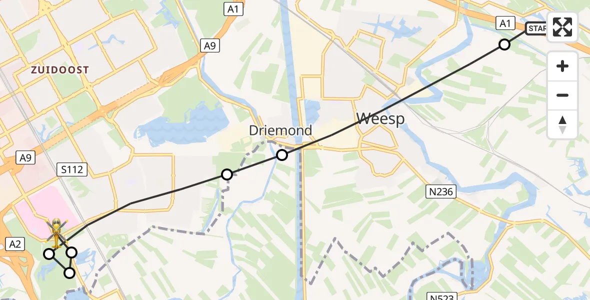 Vluchtroute Traumahelikopter van Muiden naar Amsterdam UMC Helipad