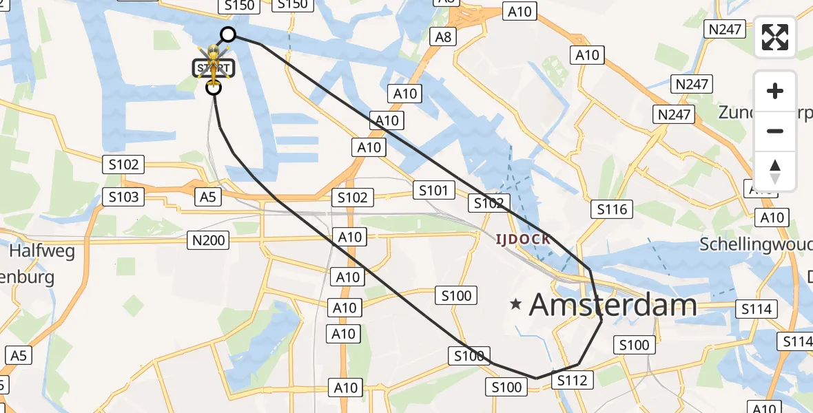 Vluchtroute Traumahelikopter van Amsterdam Heliport naar Amsterdam Heliport