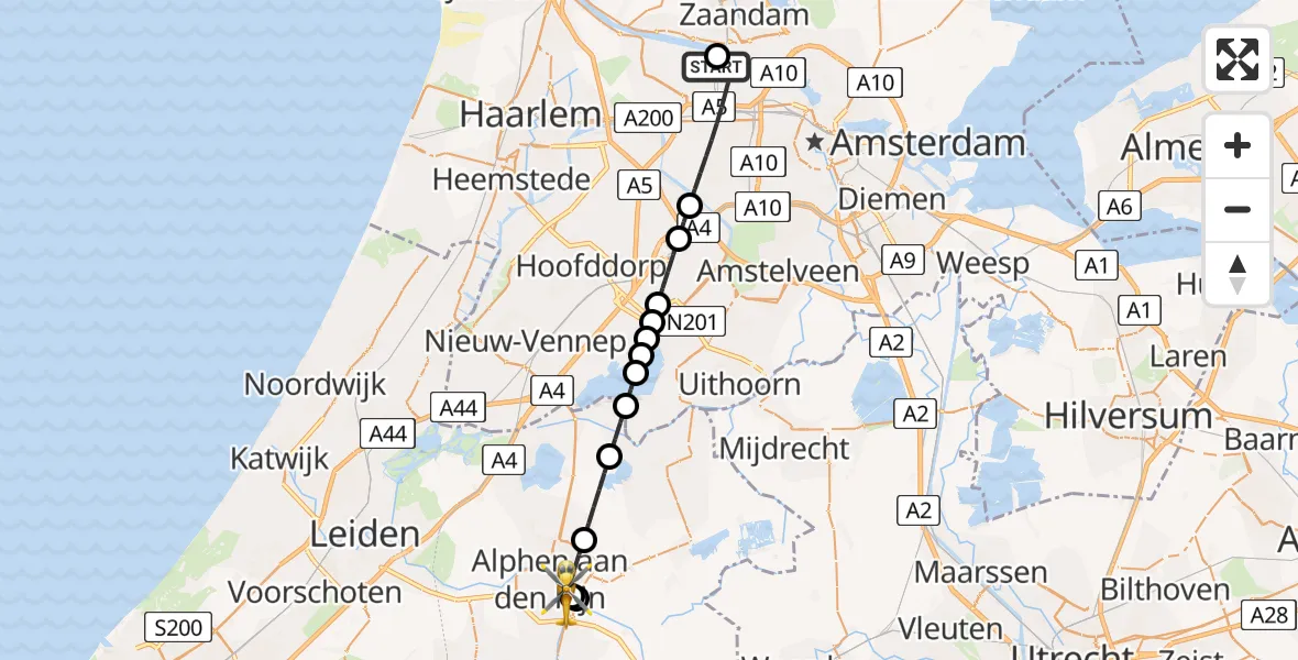 Vluchtroute Traumahelikopter van Amsterdam Heliport naar Alphen aan den Rijn