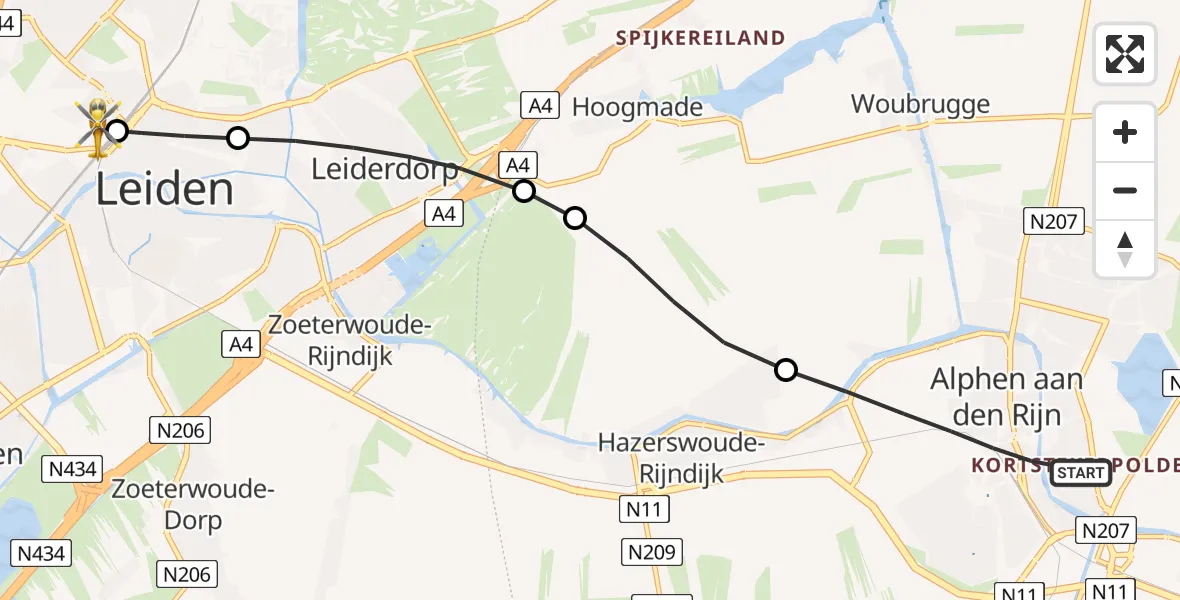 Vluchtroute Traumahelikopter van Alphen aan den Rijn naar Leiden University Medical Center Heliport