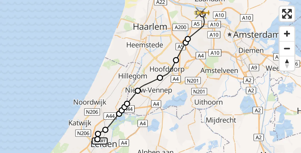 Vluchtroute Traumahelikopter van Leiden University Medical Center Heliport naar Amsterdam Heliport