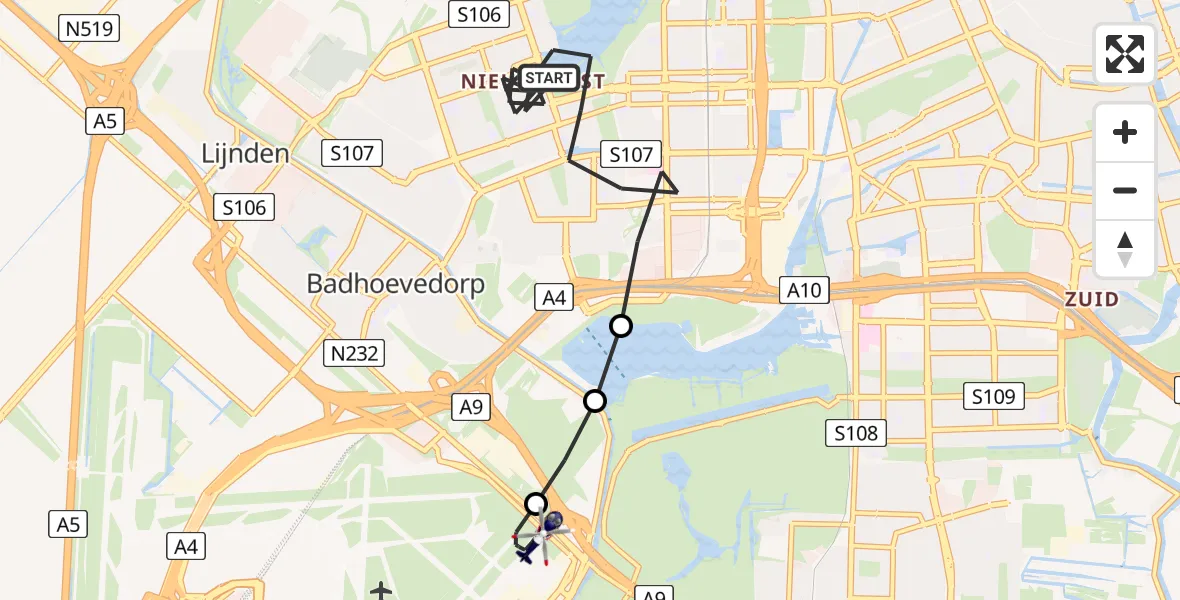 Vluchtroute Politiehelikopter van Amsterdam naar Amsterdam Vliegveld Schiphol