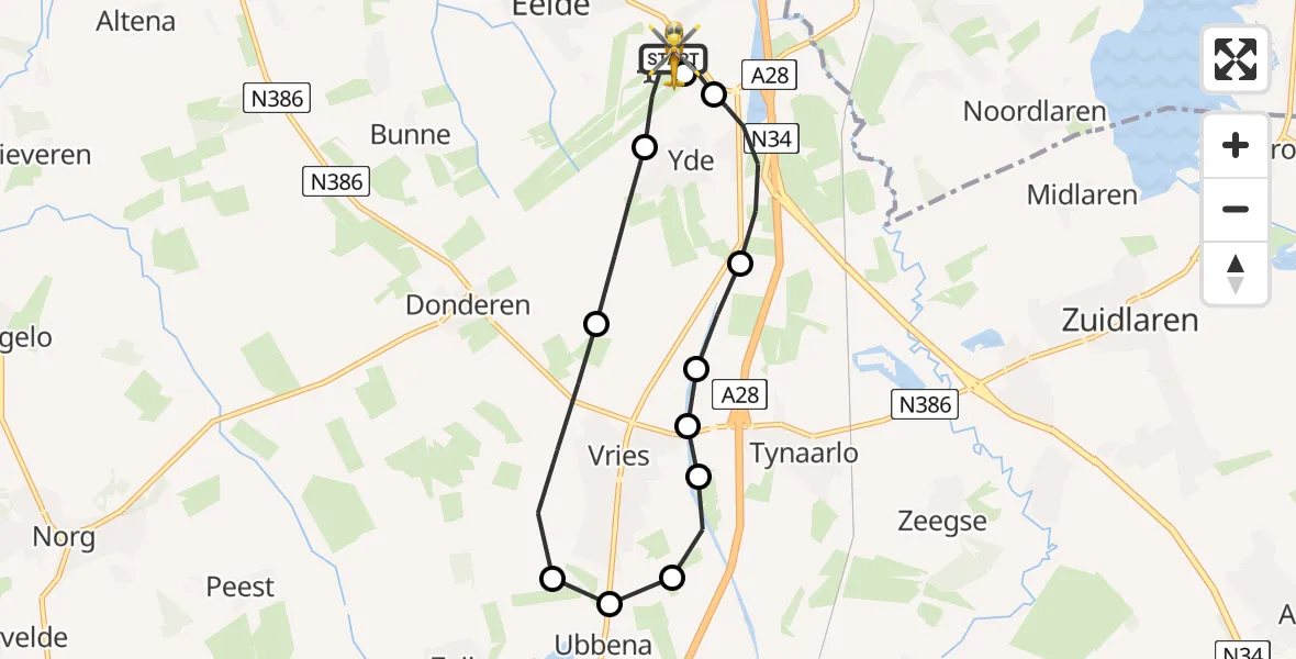 Vluchtroute Traumahelikopter van Groningen Airport Eelde naar Groningen Airport Eelde